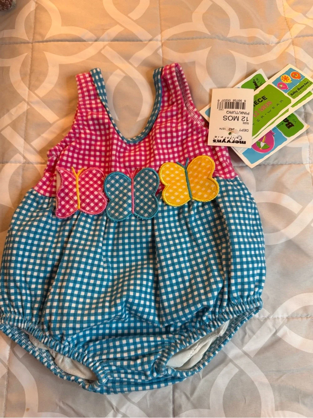 Baby Bubble Romper with Butterflies - Pink & Blue- Vintage Mervyns Baby Bums Co.